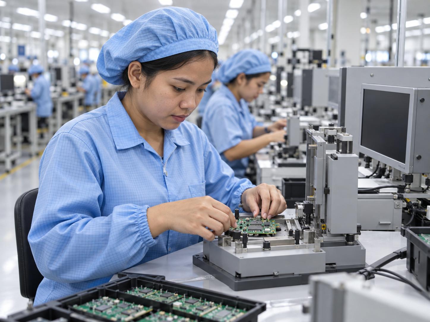 菲律賓電子出口8月占68.1%,政府想往晶片設計走 菲律賓電子工廠內技術員把電路板放進測試治具