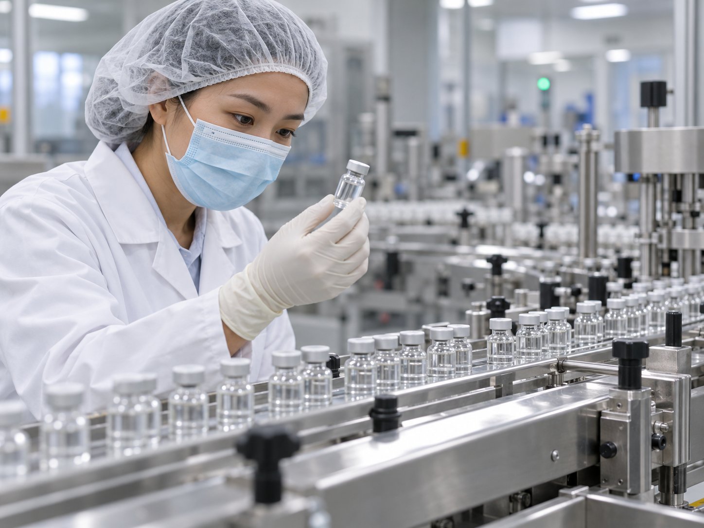 新加坡藥品包裝產線，技術員檢查輸送帶上的小玻璃瓶