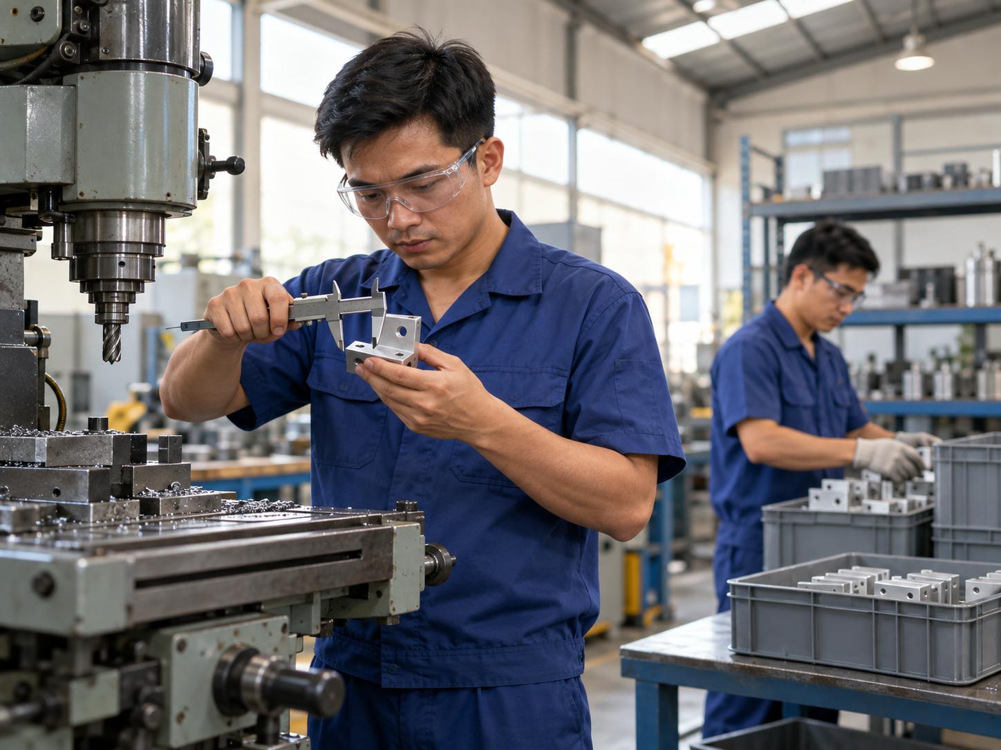 越南胡志明市周邊工業區的小型金屬零件工坊，技師用卡尺量測鋼製支架，同事把成品裝進箱子